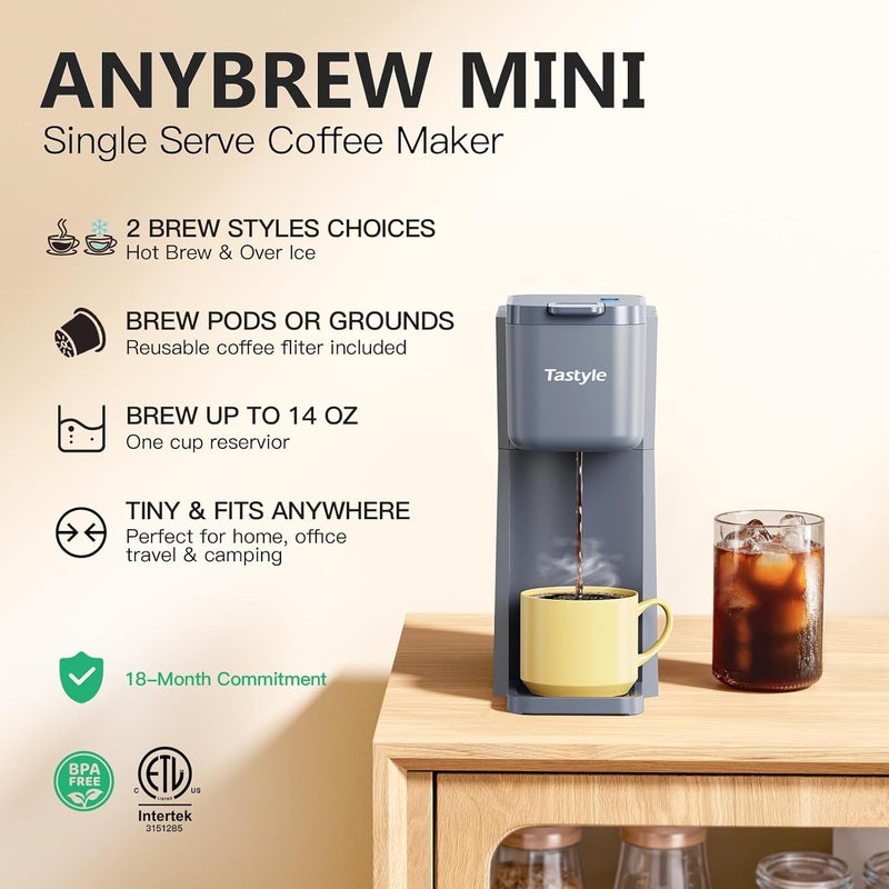 Tastyle Mini Hot and Iced Coffee Maker Single Serve, for K Cup and Ground, 6 to 14 Oz Brew Sizes, with Recipe Book, for Home, Travel, RV, Office and Dorm, Elegant Gray - Image 2